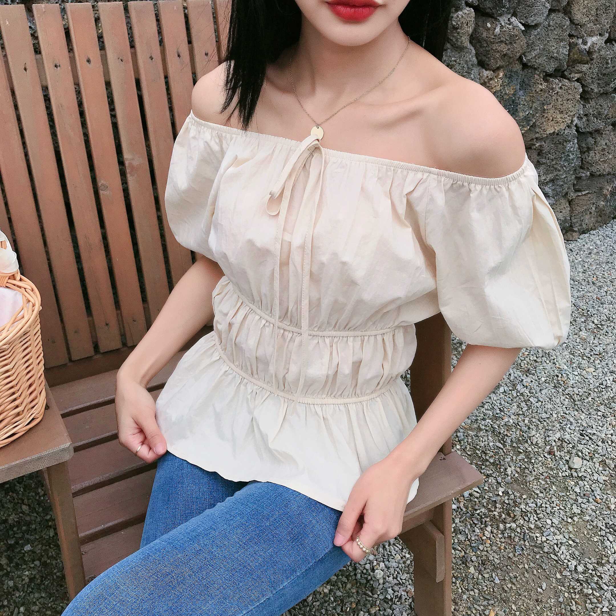 一字肩上衣女夏露肩纯色2020新款实拍性感甜美超仙夏季韩版