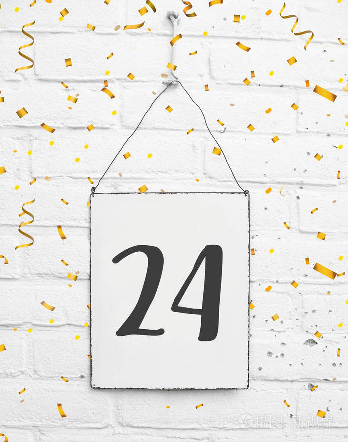 24岁生日派对卡片文字与金色纸屑数字二十四金属板白砖背景