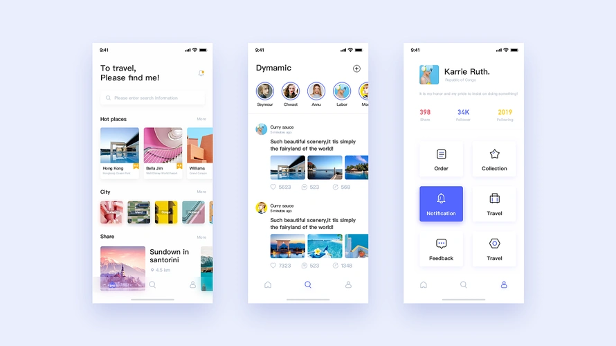 练习一组旅游社区app布局设计,添加个人所理解的相关跳转页设计,并做