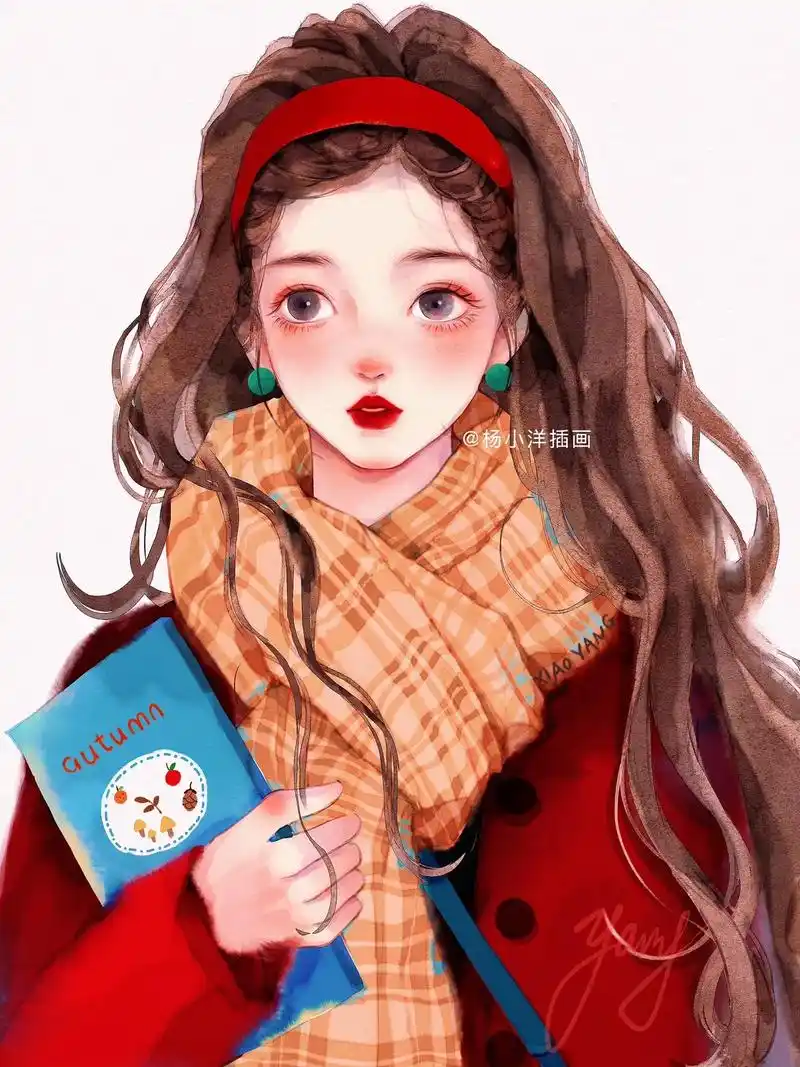 水彩少女92秋冬港风复古氛围感少女插画.