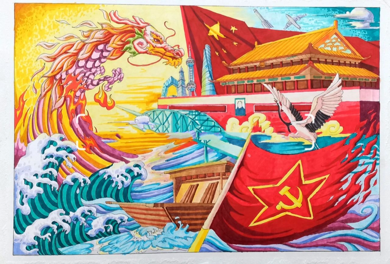 建党100周年马克笔手绘装饰画 马上就要联考的高三党们,加油哦.