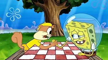 海绵宝宝和松鼠宝宝掰手腕可惜一局也没赢