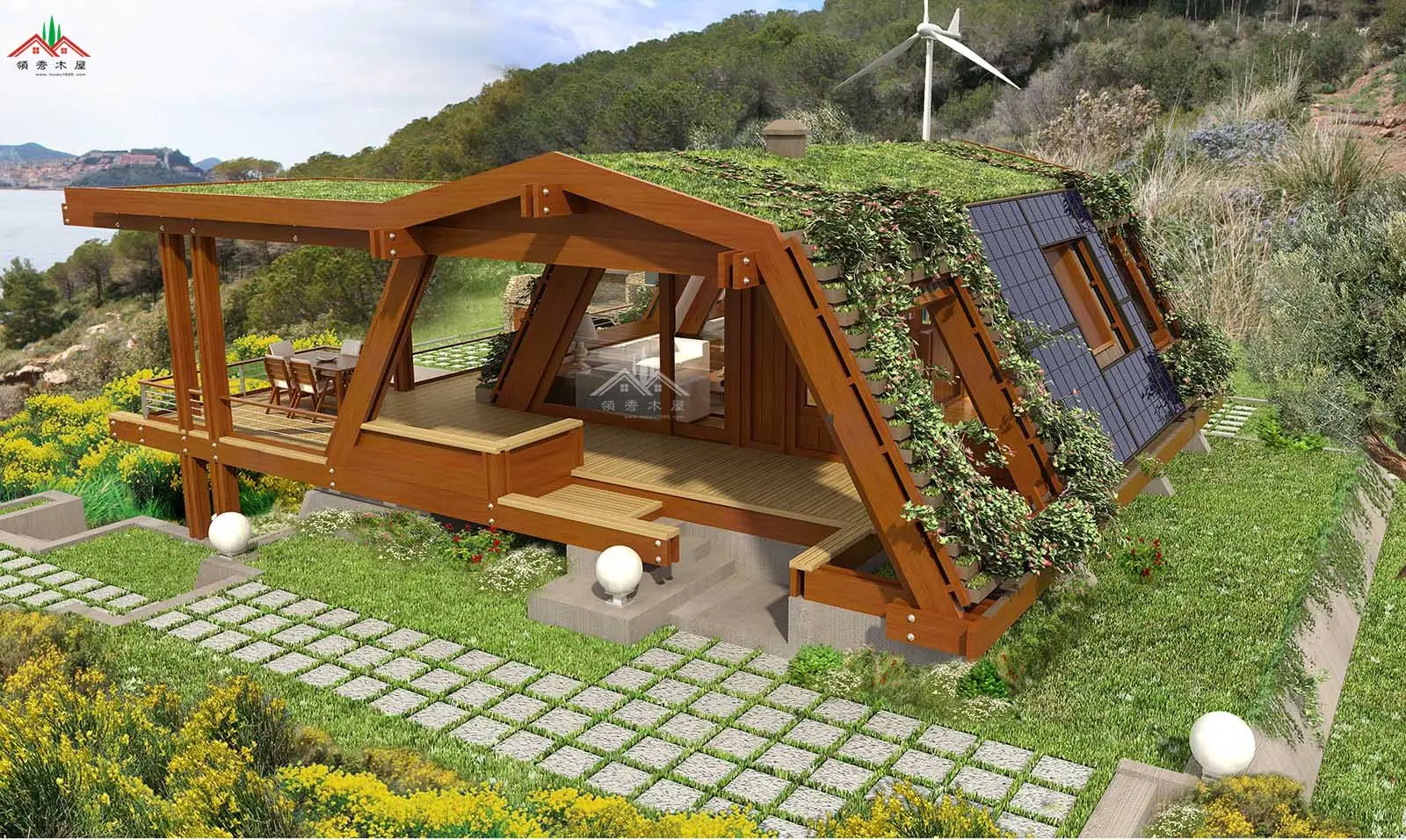 现代风格特色创意平顶适合山地地形的度假小木屋