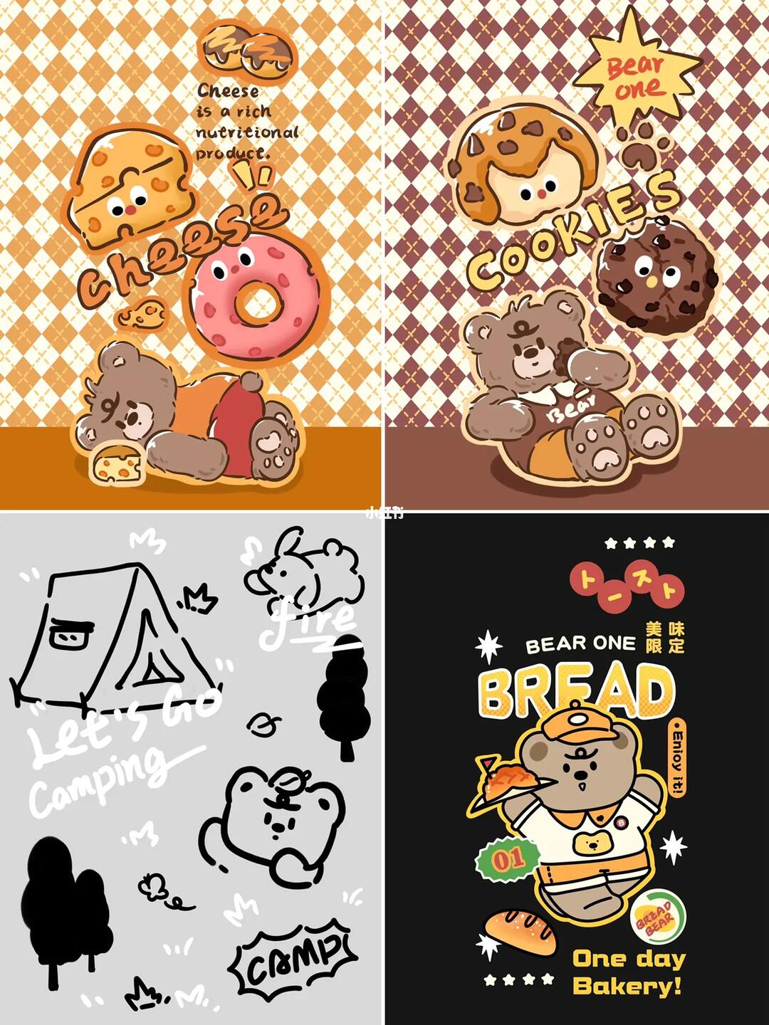 熊一美食露营线条小熊卡通头像插画(附壁纸)
