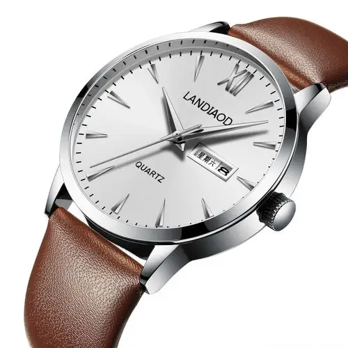 双日历手表男学生韩版简约石英表潮流超薄防水休闲男土手表复古皮