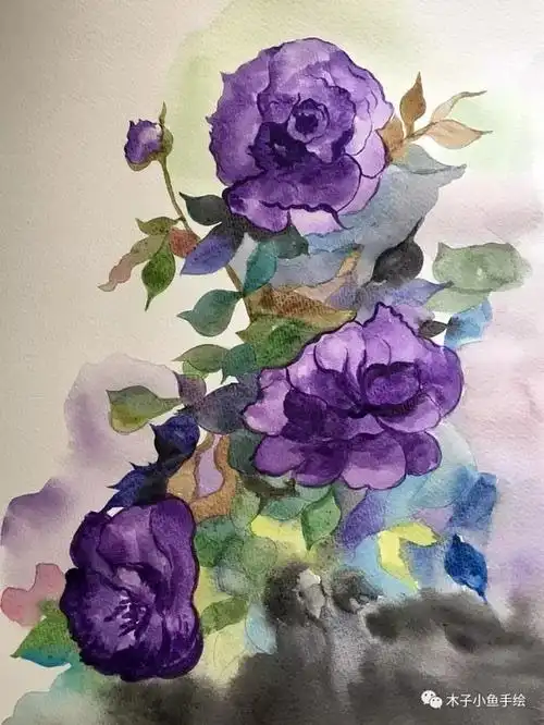 盛夏里的冷色调|画紫色月季花步骤