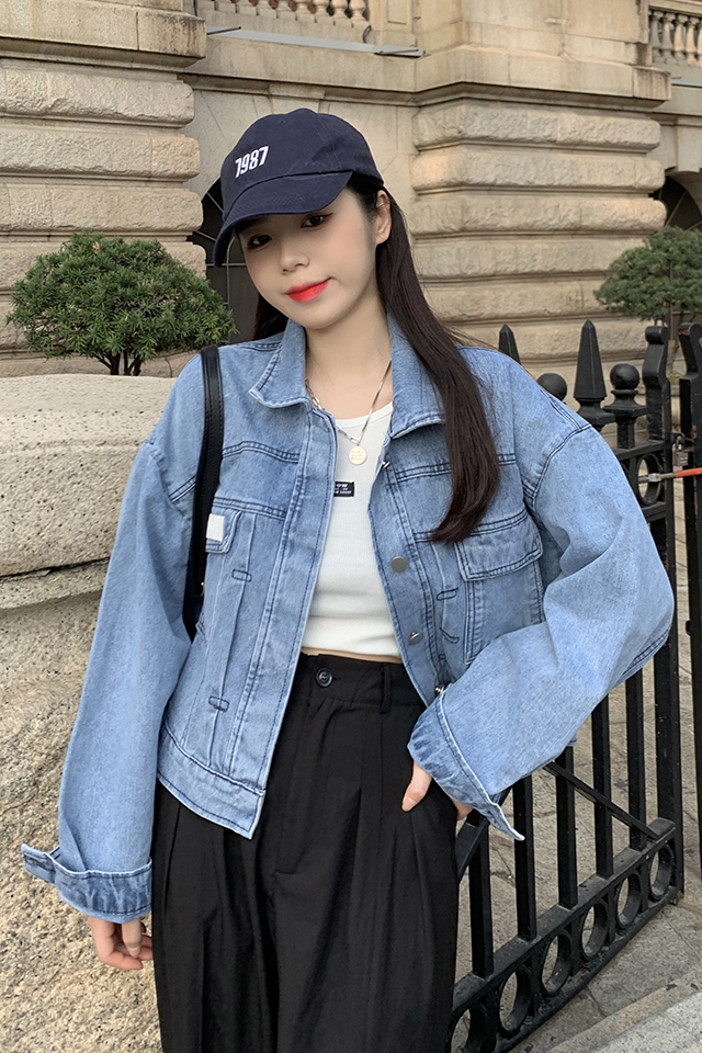 2022春季新款韩版chic个性贴标浅蓝色牛仔外套女复古外套