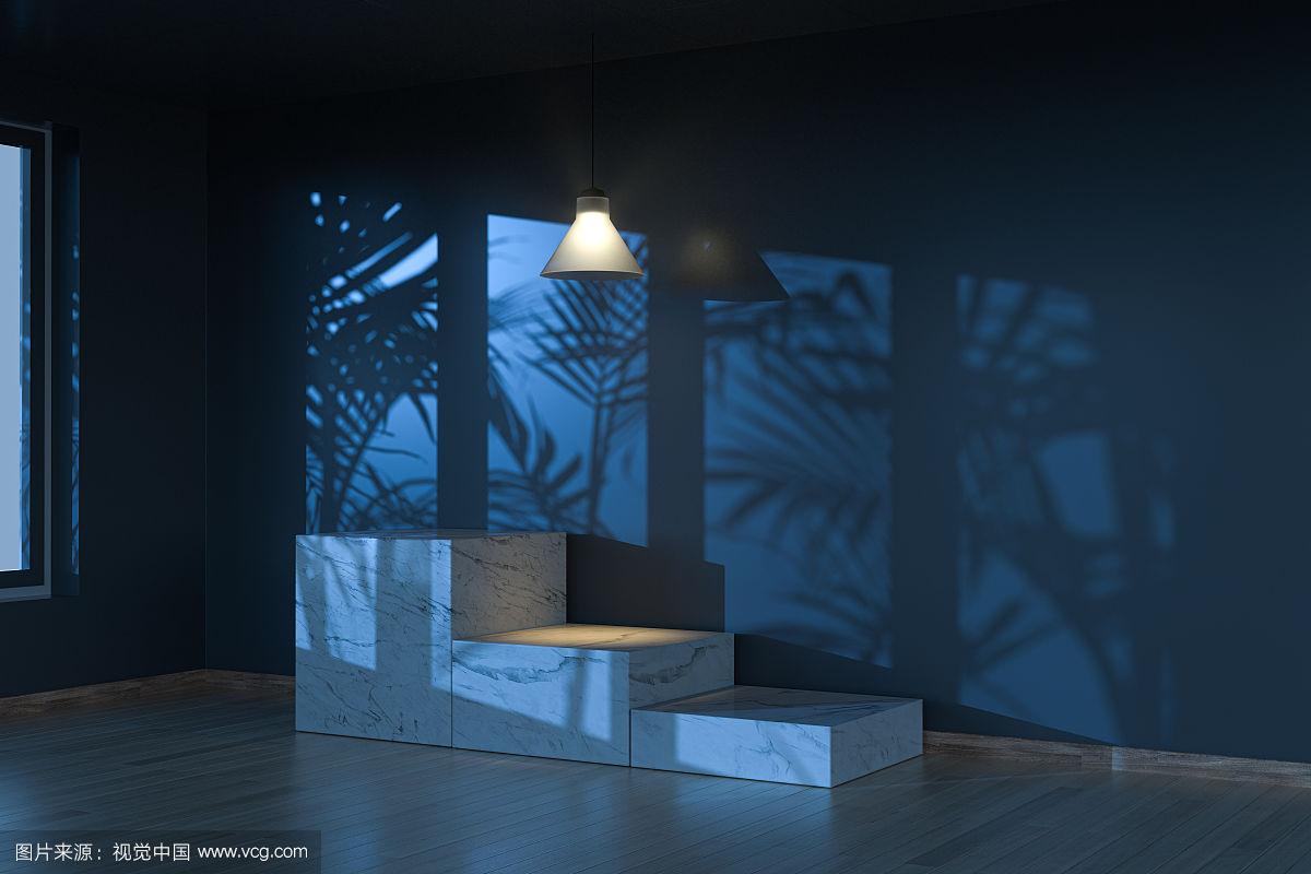 夜晚室内的吊灯与置物台 三维渲染