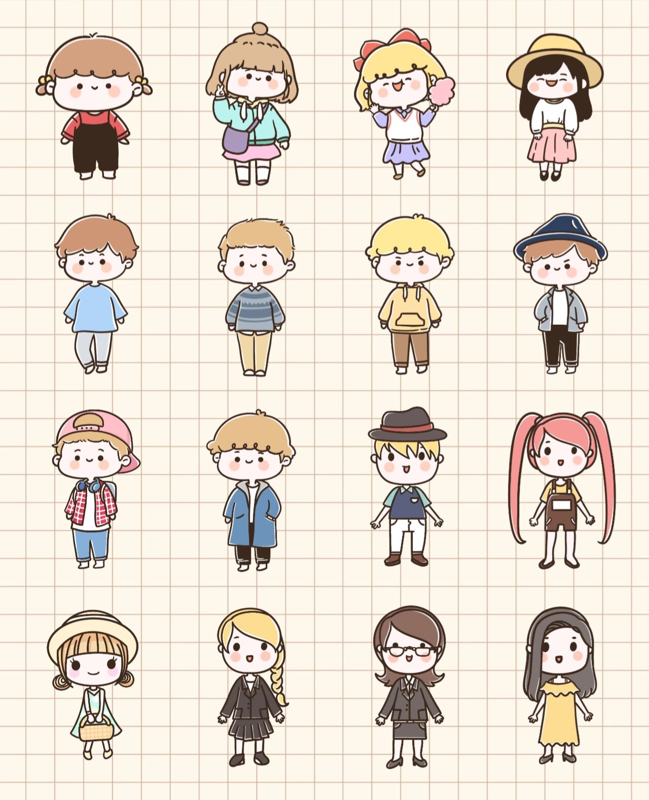 临摹自网络,可爱的卡通q版人物手绘,超级简单易学的手帐简笔画素材