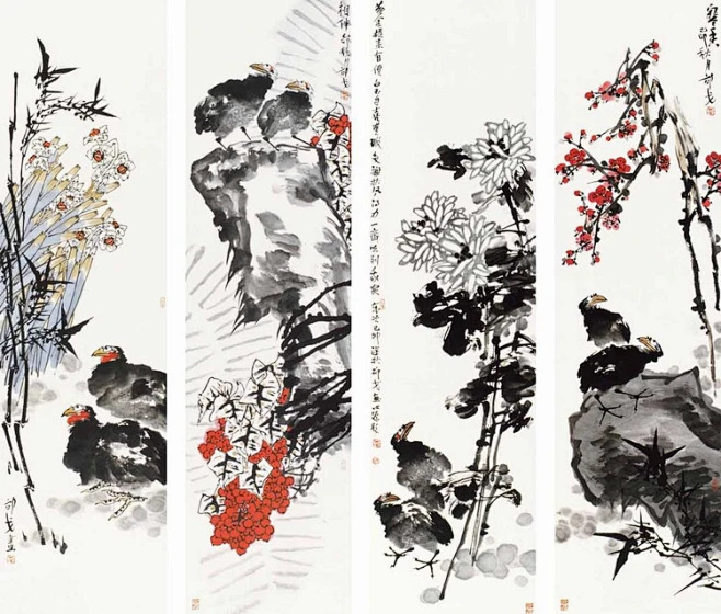 当代画家花鸟四屏作品欣赏