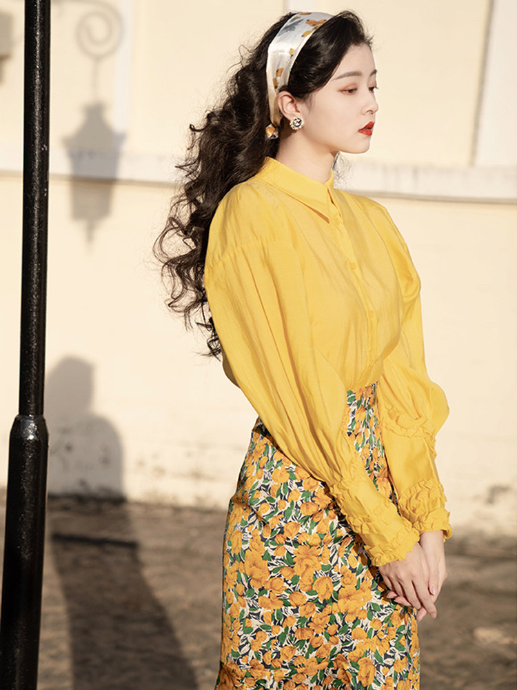 80年代复古女装_80年代怀旧服装复古港风连衣裙90女装套装黄色印花