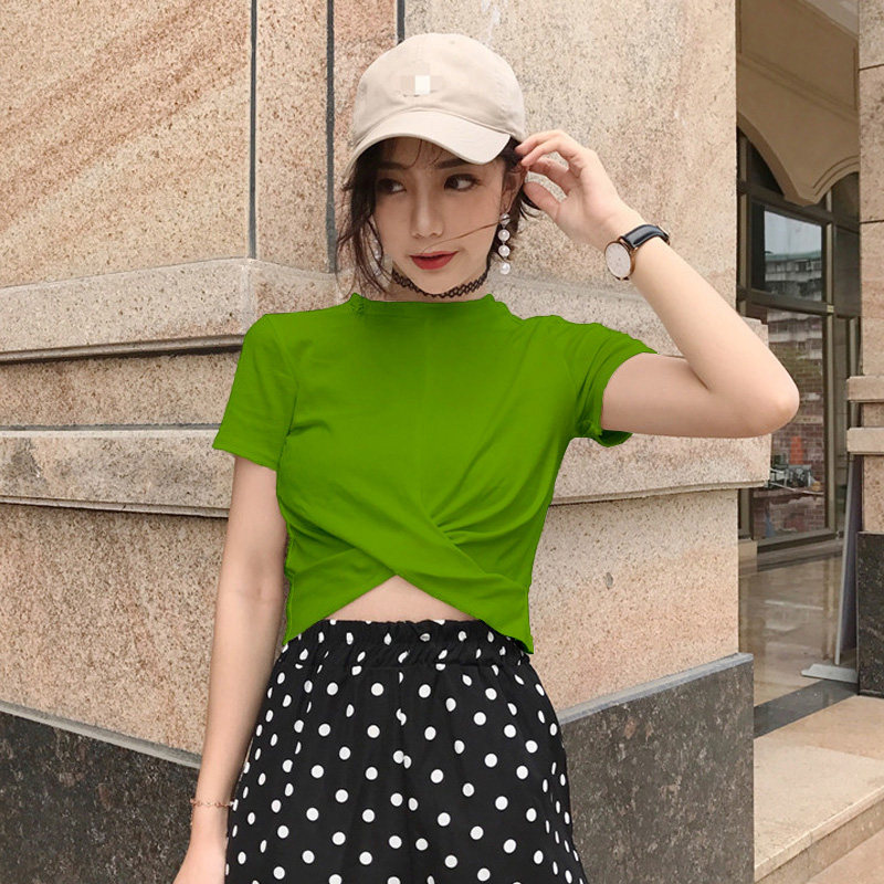 牛油果绿短袖t恤女夏紧身露脐高腰爵士舞泫雅风抹茶绿色短款上衣