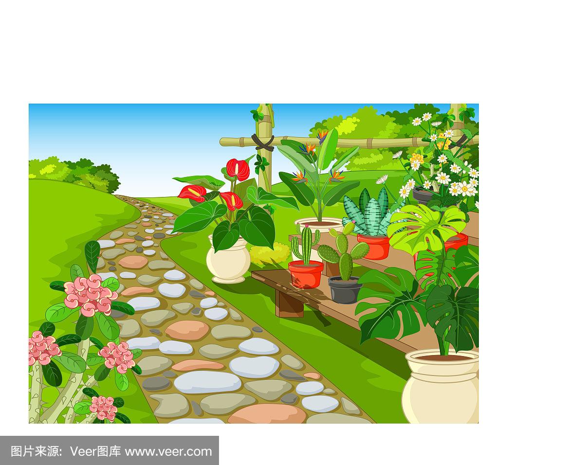 美丽的公园与鲜花和草地的田野卡通