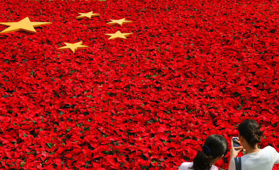 2012年9月29日,枣庄市市中区文化路小学的学生挥舞国旗和党旗在一起唱