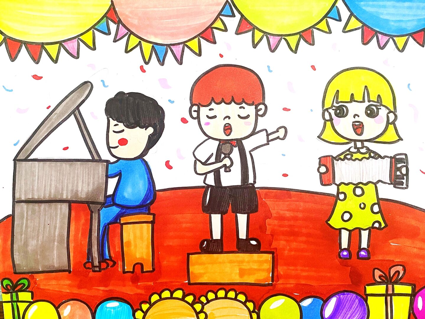 舞台表演儿童画 #马克笔# #卡通画# #儿童画# #唱歌儿童画