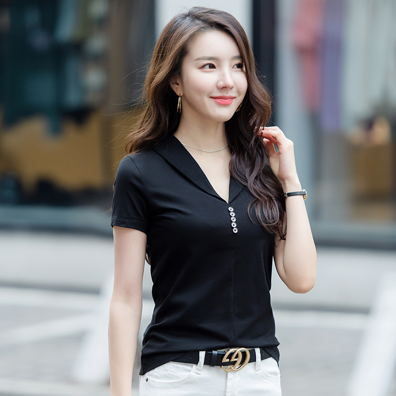 秋壳纯棉翻领短袖修身短袖t恤女夏季最新款气质半袖v领上衣ins风参数