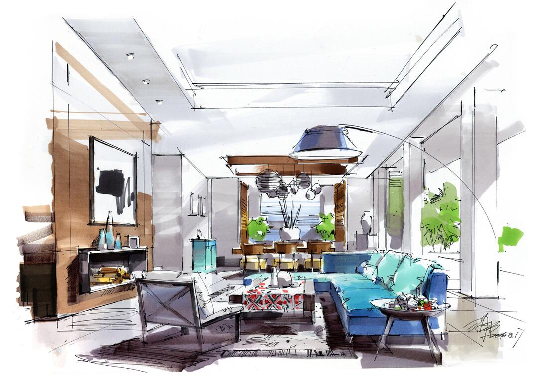 名家手绘效果图100例-【33】客厅空间设计