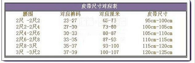 皮带尺寸对照表