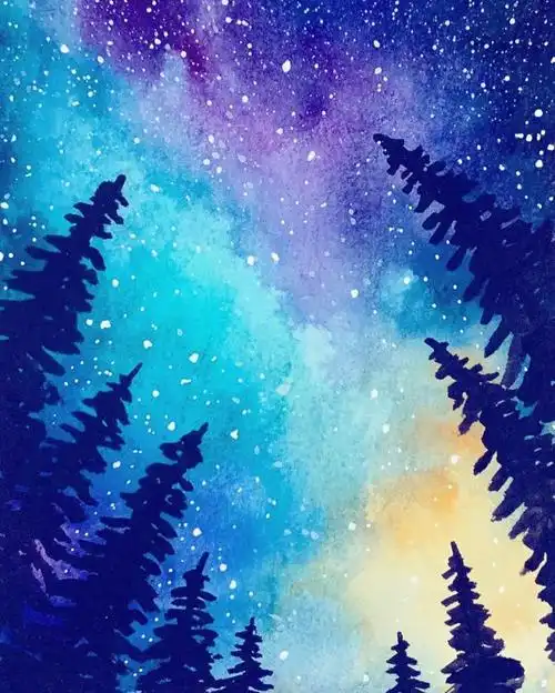 超美的剪影水彩风景画手绘素材星空书签水彩唯美有意境2