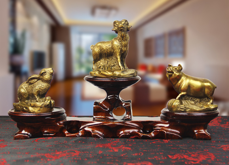 单独开光纯铜亥卯未三合木局摆件属猪兔羊吉祥物 猪兔羊三合摆件助运