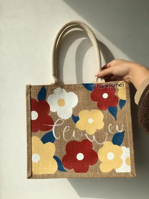黄麻包手绘改造diy简单花朵丙烯画配色