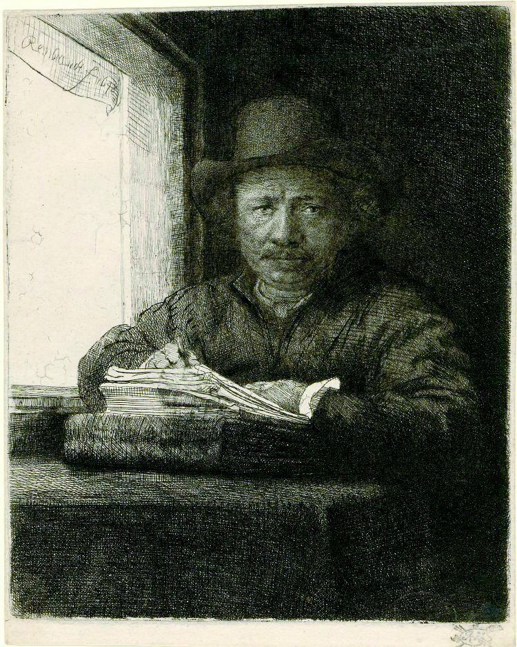 《窗边的自画像》 蚀刻铜版画 1648年  伦勃朗