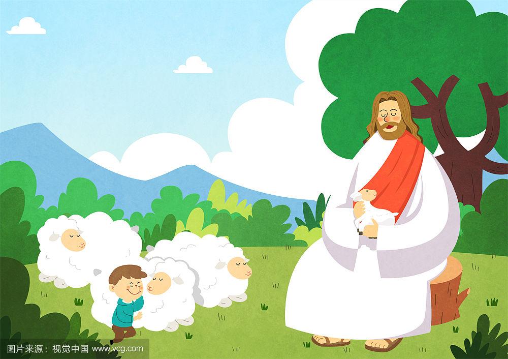 小山羊和绵羊在地里,耶稣抱着羔羊