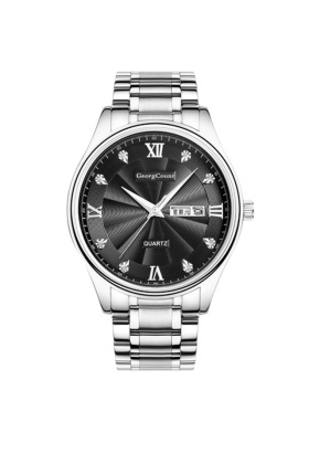 乔治伯爵男士手表精钢带休闲男表防水石英表学生表夜光双日历腕表