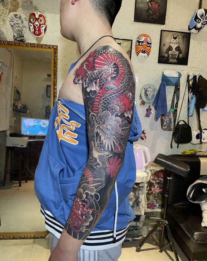 日式花臂纹身图片_手臂老传统纹身图案