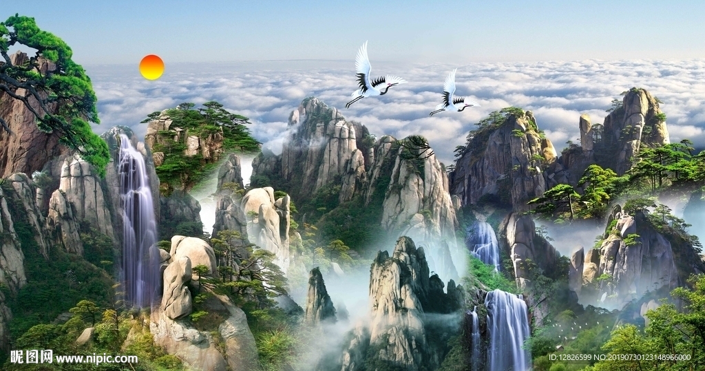 迎客松松鹤背景墙图片