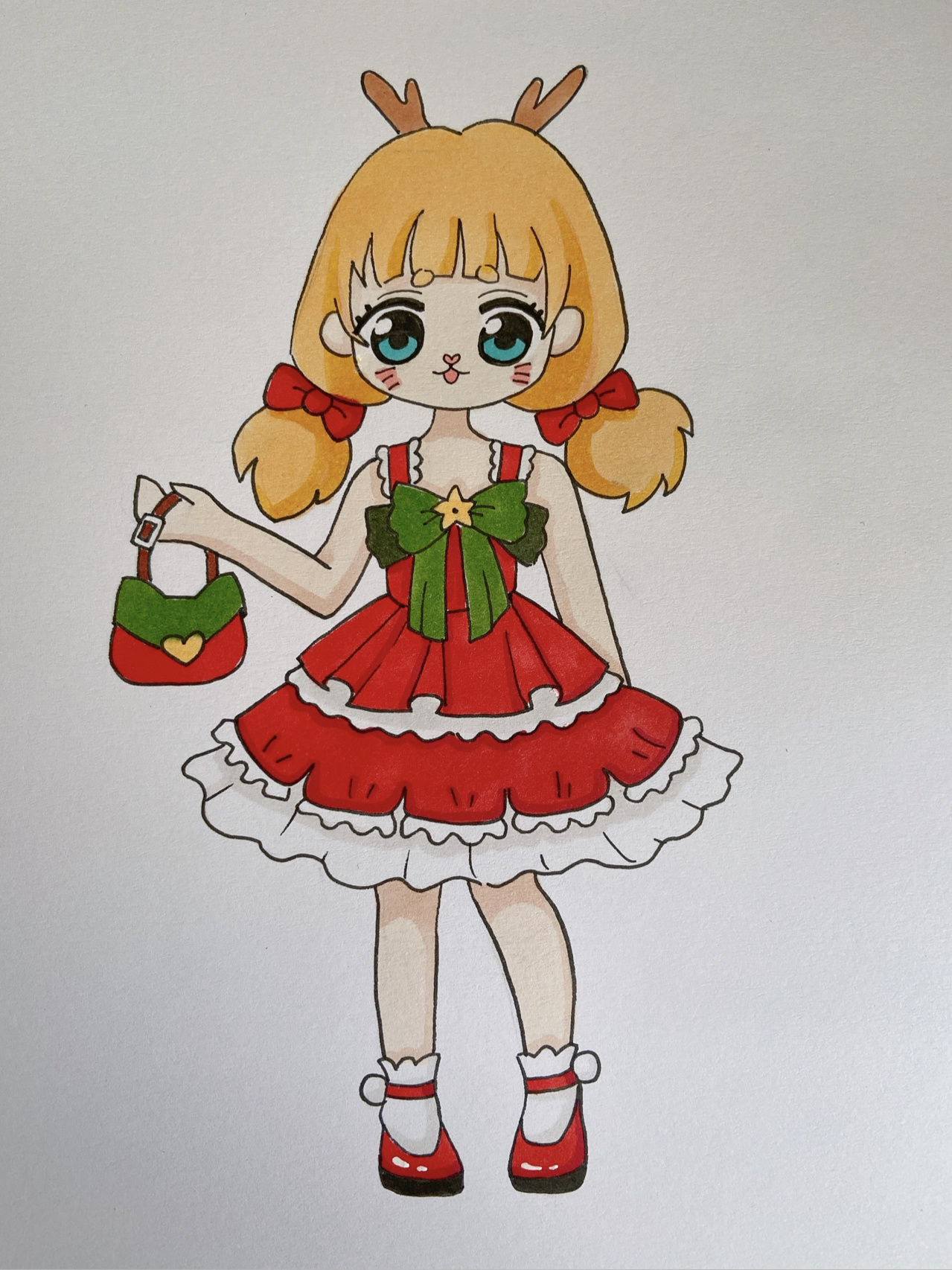 q版女孩全身服装设计简笔画动漫人物圣诞节 学生自己的想法,圣诞驯鹿