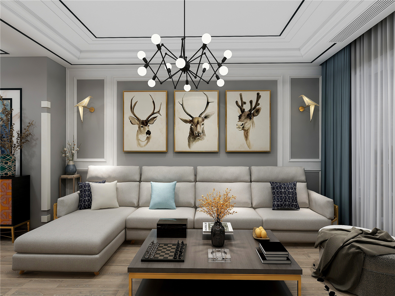 130㎡现代轻奢风沙发背景墙装修效果图