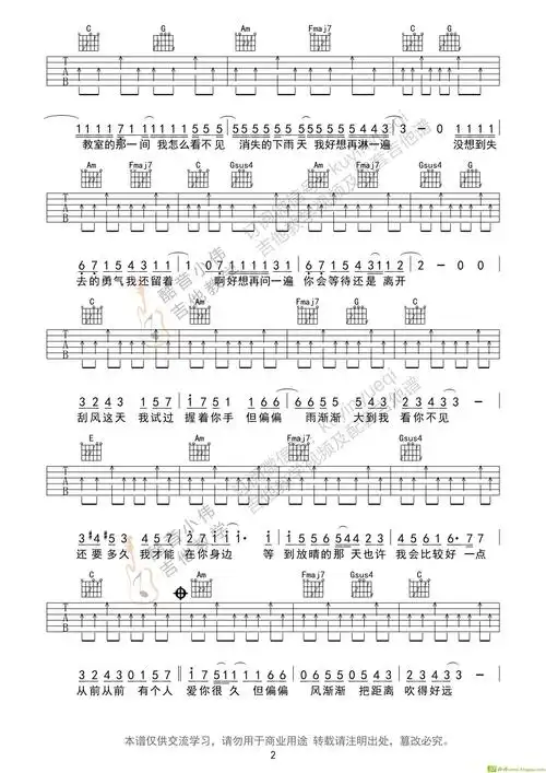 谱)吉他谱简谱_晴天(c调简单版酷音小伟编谱)吉他谱吉他谱_钢琴谱-查