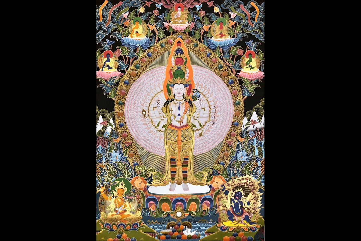 t06尼泊尔收藏级24k金唐卡千手观音