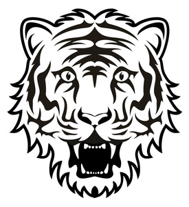 虎头黑白抽象图形设计矢量程式化脸上的愤怒的老虎矢量浪漫插画与