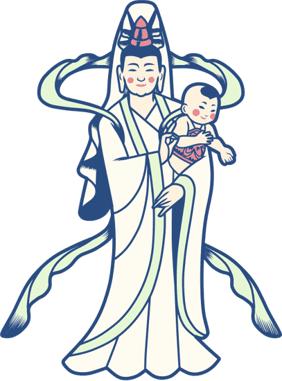 中式复古神仙线描插画送子观音