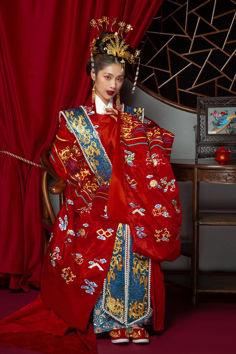 明制汉服婚服结婚花嫁拖尾中式嫁衣凤冠霞帔古装情侣大婚全套马面