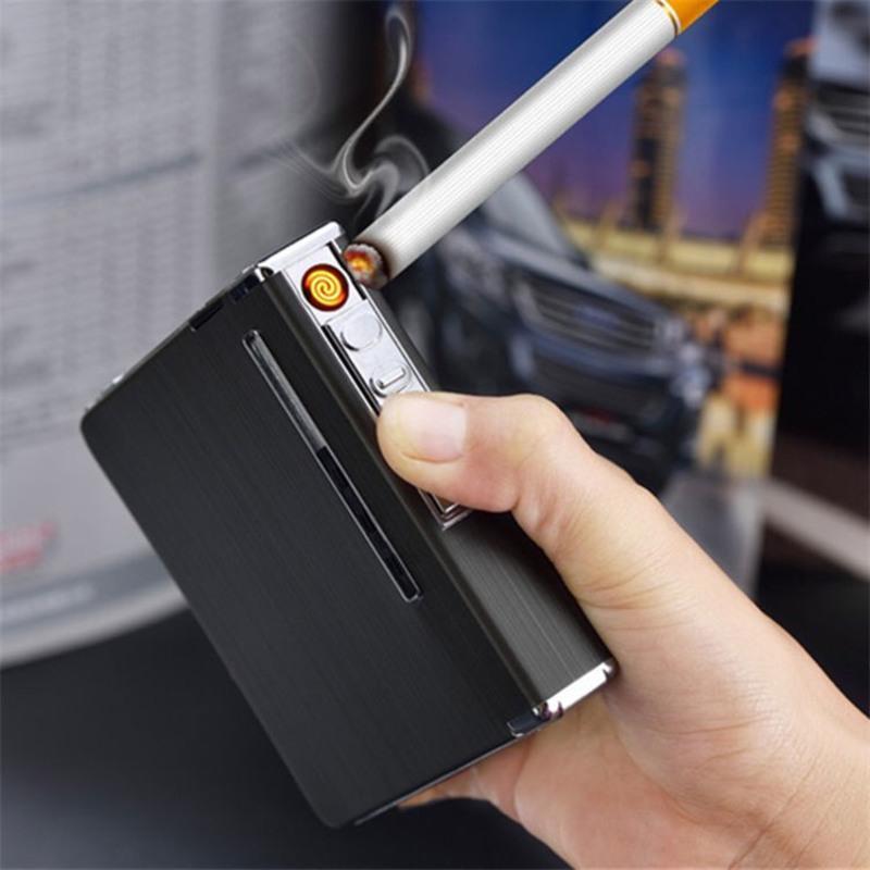 充电烟盒usb打火机香烟盒20支装烟盒子铝合金拉丝自动弹烟装烟盒黑