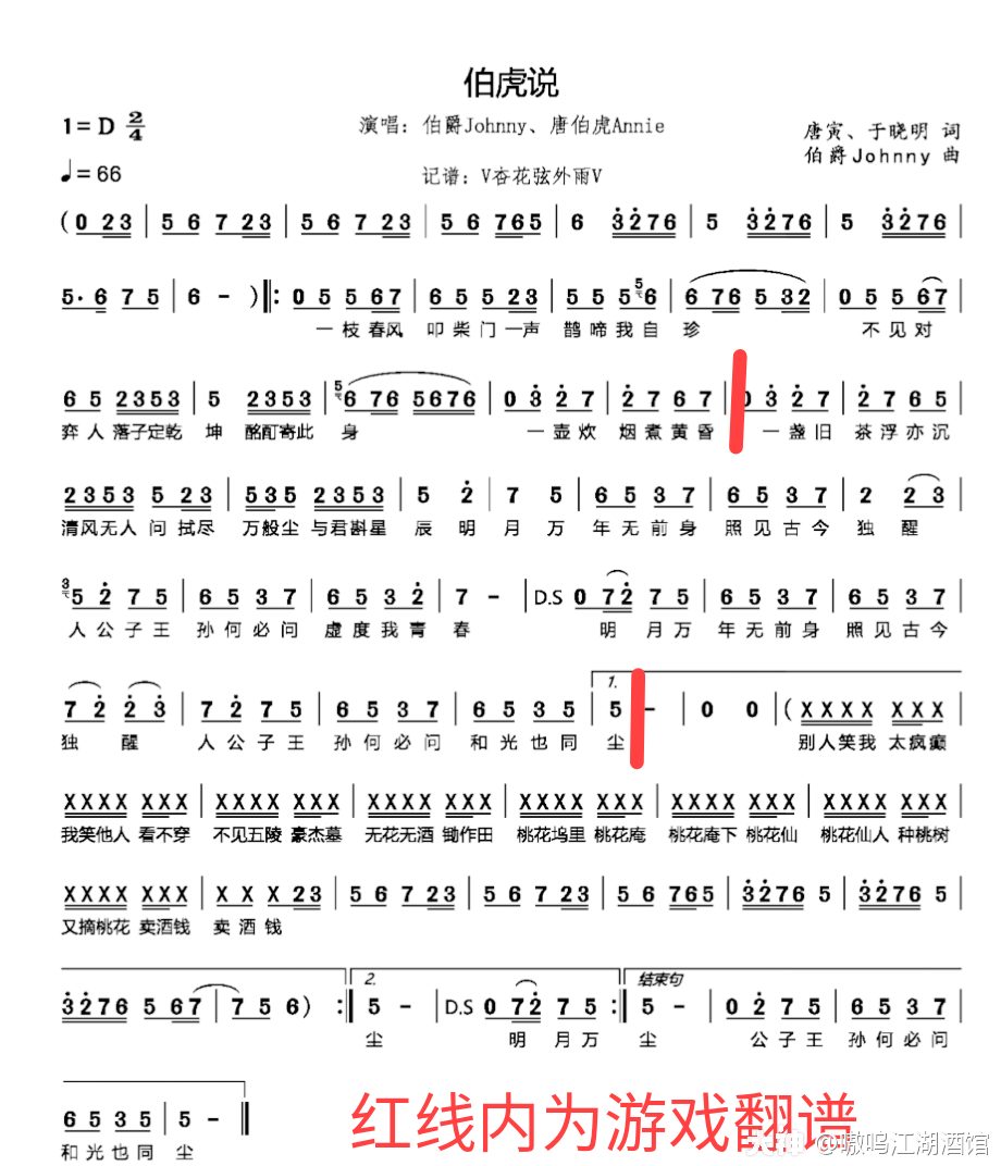 【嗷呜酒馆琴音荟萃——《伯虎说》(副歌段)单手谱 】
