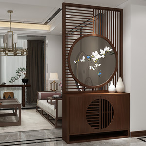 新中式入户玄关柜进门屏风实木隔断客厅门厅间厅刺绣装饰一体鞋柜