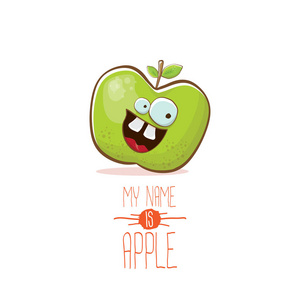 水果名字设计矢量滑稽卡通可爱的绿色苹果字符在白色背景下隔离.