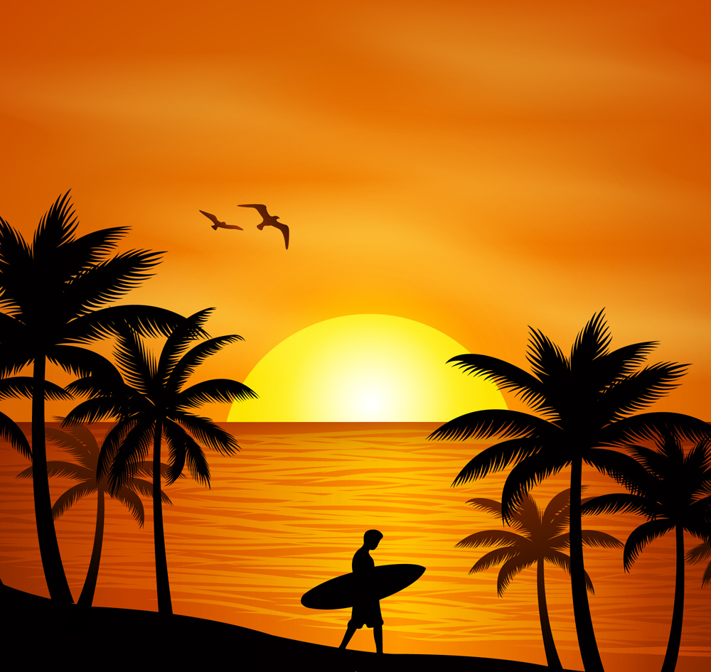 创意夕阳沙滩上拿冲浪板男子剪影矢量图