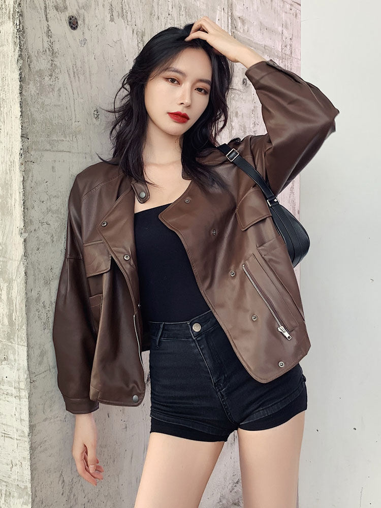 2021秋冬个性超酷大口袋机车短款皮衣外套女宽松仿真皮pu皮夹克潮