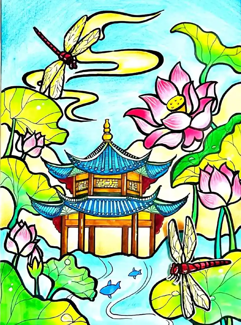 中国风荷花主题画.#创作灵感 古诗配画小池主题画,早有蜻蜓立 - 抖音