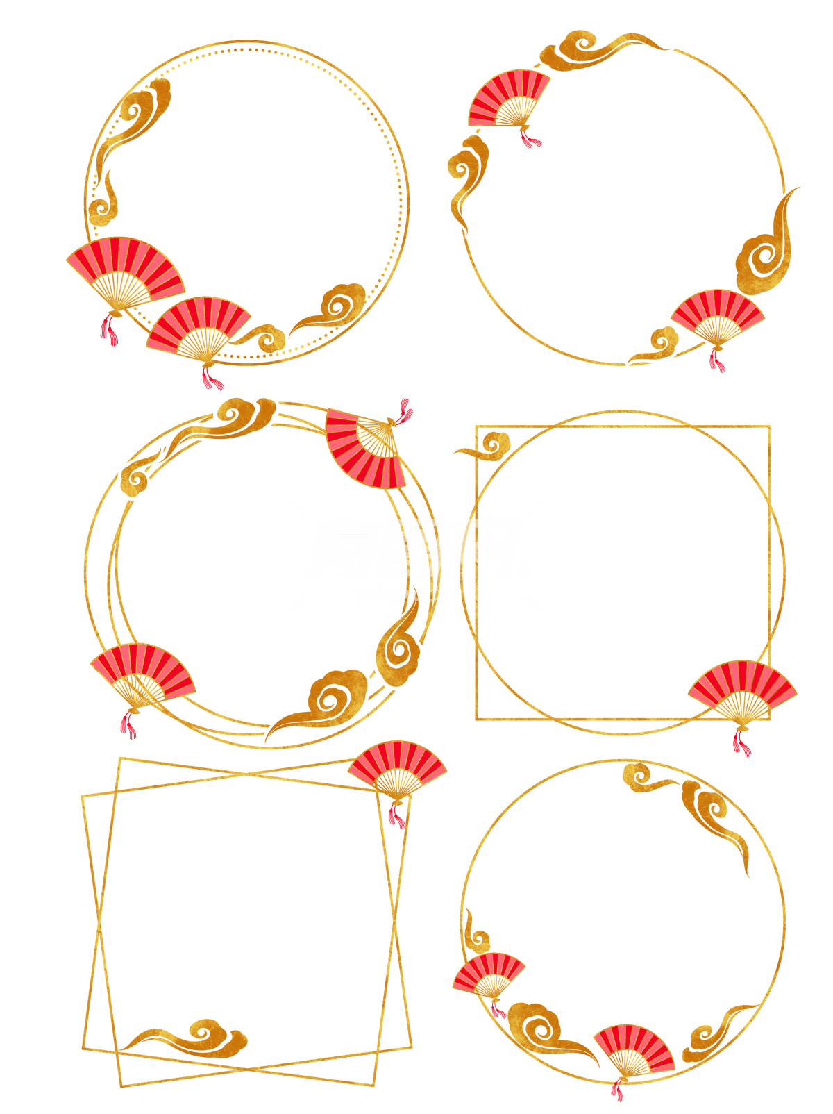 中式金色祥云红扇子边框