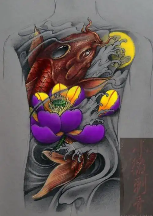 满背鲤鱼莲花纹身图案