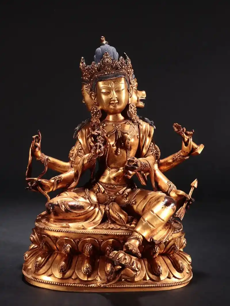 旧藏 铜鎏金三面六臂观音造像 规格:高26.5cm长19cm - 抖音