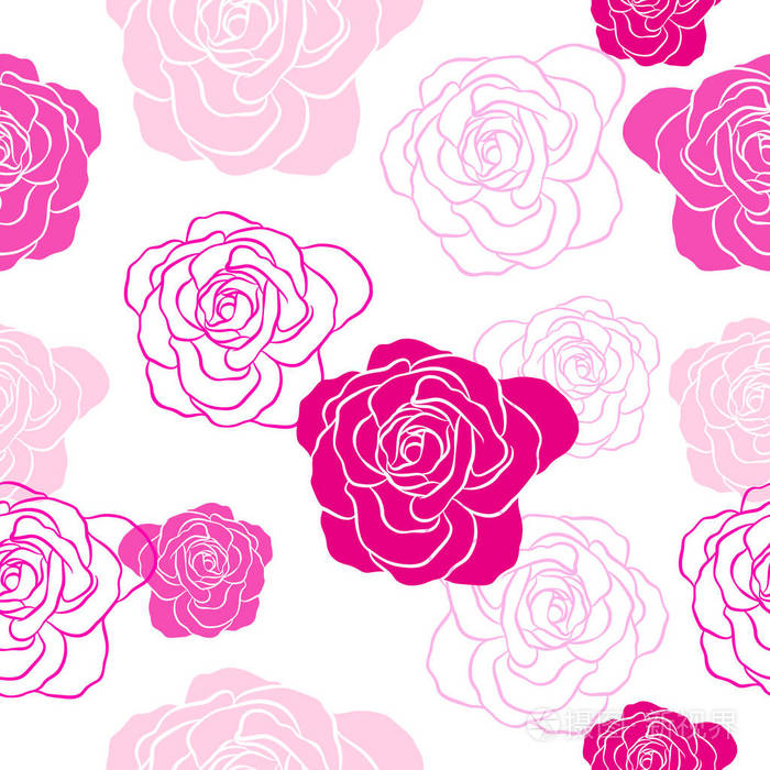 粉红色玫瑰无缝图案.剪影和轮廓样式.在白色背景上隔离的矢量插图.