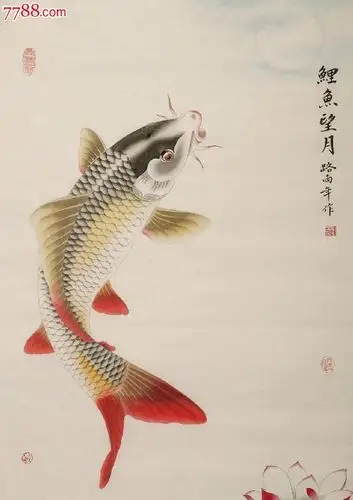 路雨年工笔荷花鱼40鲤鱼望月手绘四尺