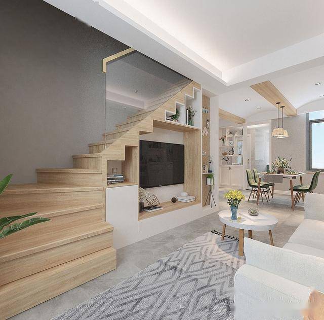 100平北欧风利用楼梯做客厅电视背景墙不仅好看还节省空间